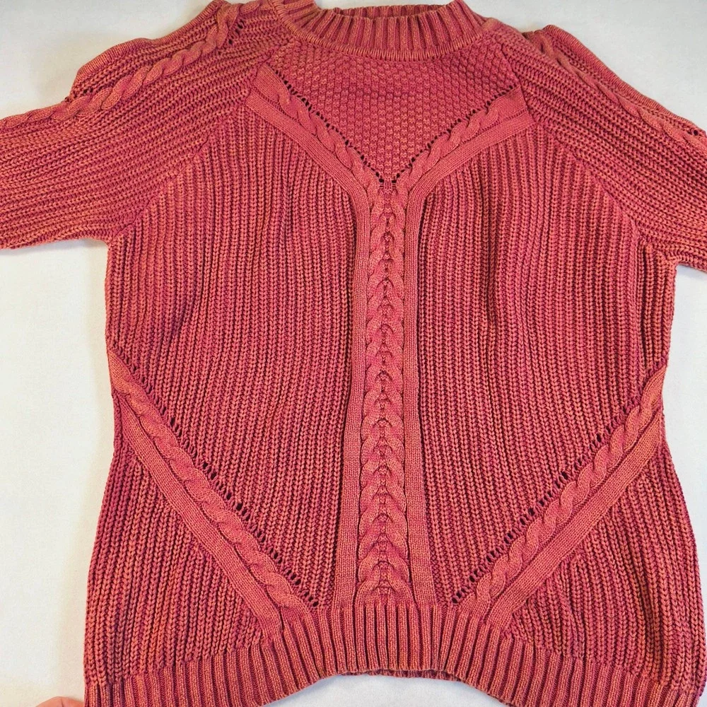Umgee Chunky Sweater Red Cable Knit Pullover Long‎ Sleeve Cozy Boho Casual Top